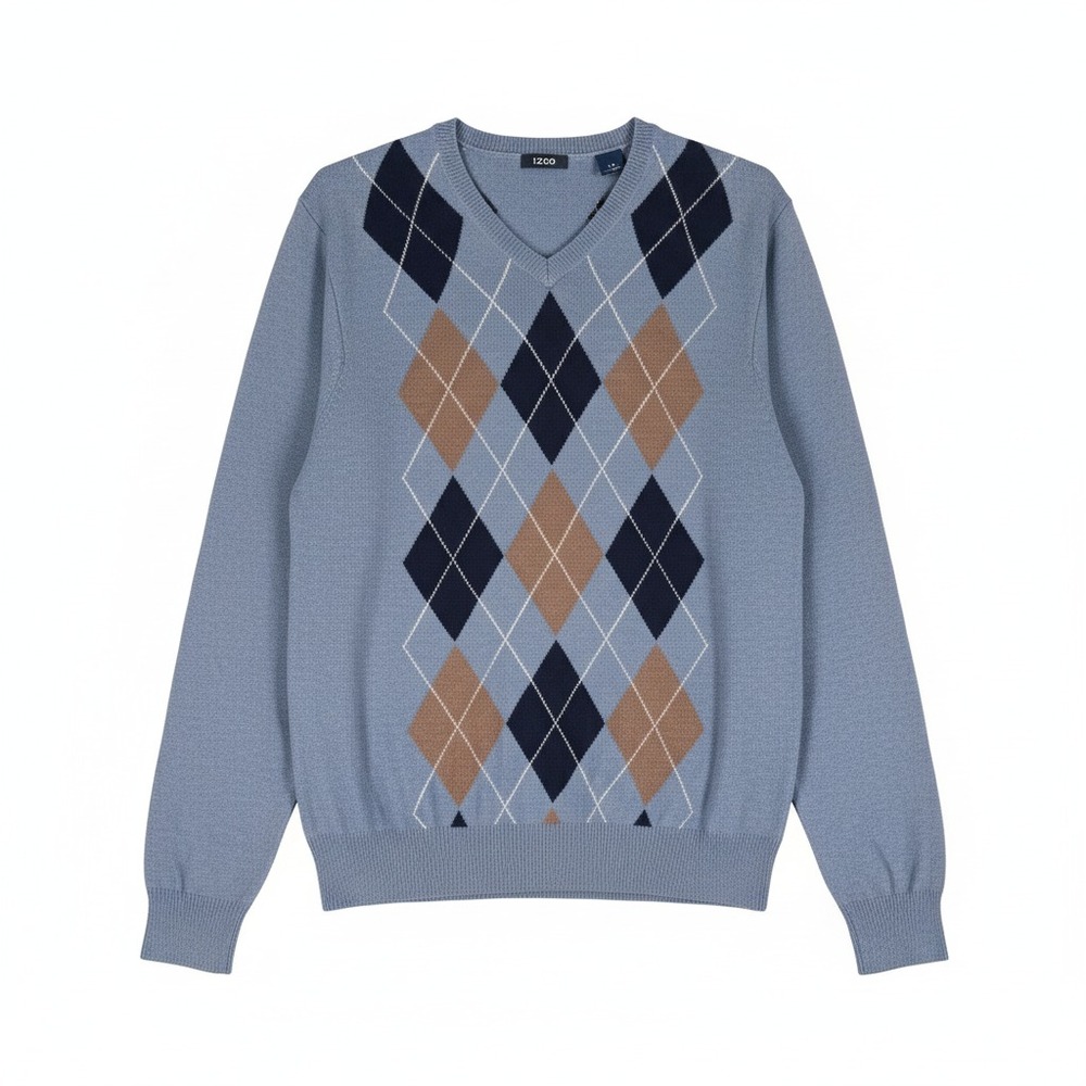 IZOD Mens Argyle V-Neck Sweater Large L‎ Blue Brown Cotton Blend Preppy 90s VTG